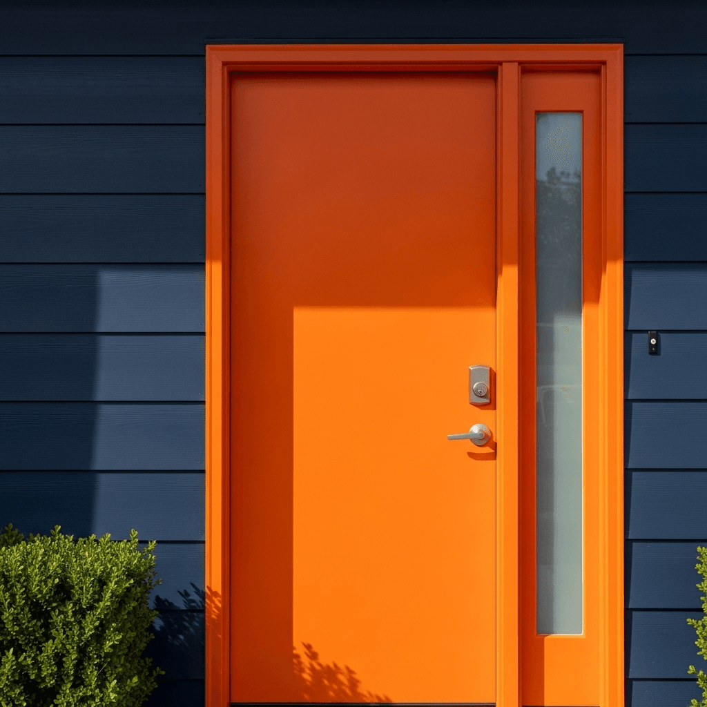 A-close-up-shot-of-a-vibrant-orange-front-door-against-navy-siding.523Z Bold Navy And Orange House With Cedar Siding Exterior