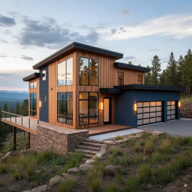 navy And orange house with cedar siding exterior