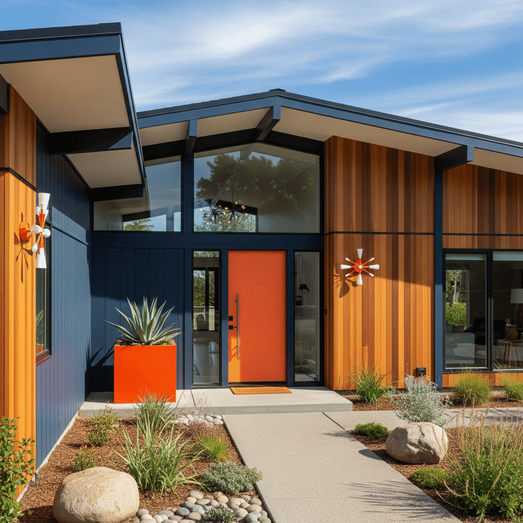 Mid-century-modern-house-with-navy-blue-and-cedar-siding-exterior-and-stylish-orange-accents.423Z-1-1024x1024 Bold Navy And Orange House With Cedar Siding Exterior