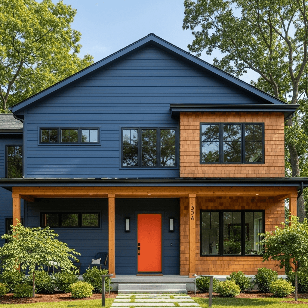 Modern-navy-farmhouse-exterior-design-with-natural-cedar-siding-and-a-vibrant-orange-front-door Bold Navy And Orange House With Cedar Siding Exterior
