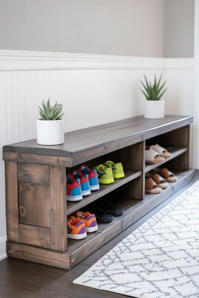 DIY-shoe-bench-with-doors-683x1024 Build a DIY Entryway Shoe Storage Bench
